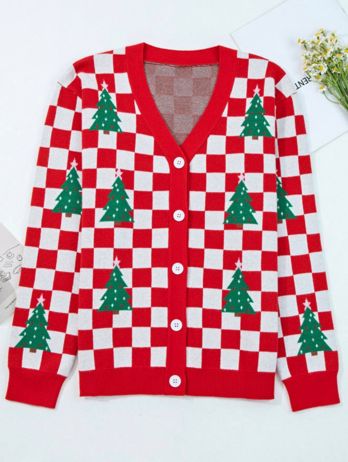 Red Checkered V Neck Cardigan Sweater RTS