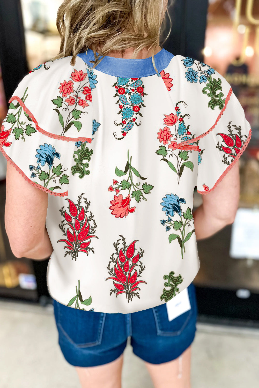 White Floral Contrast Blouse LT