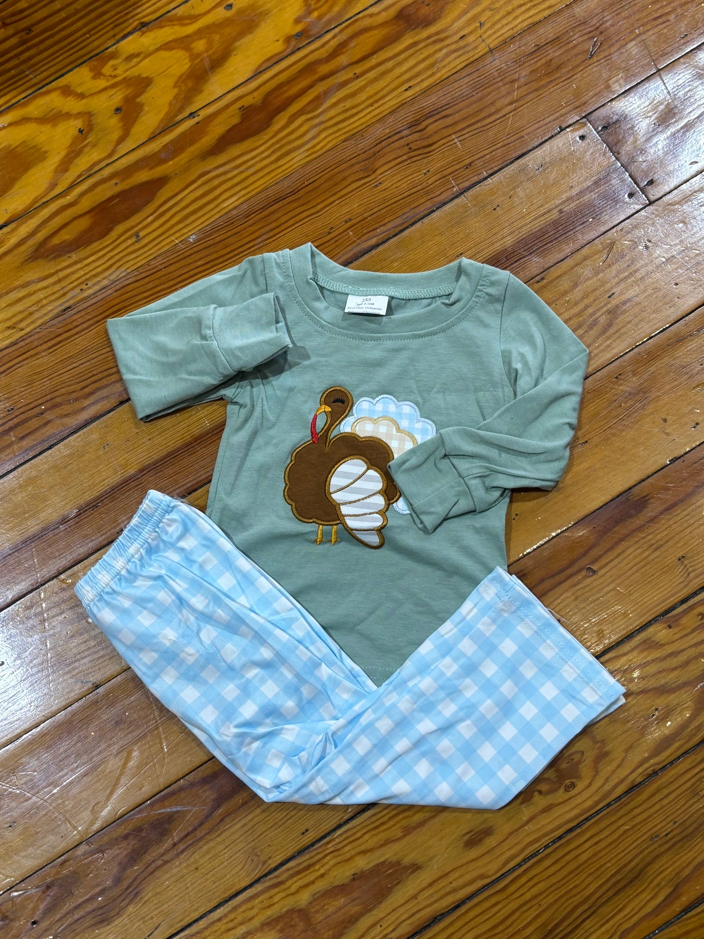 Turkey Top with Blue Ruffle Pants