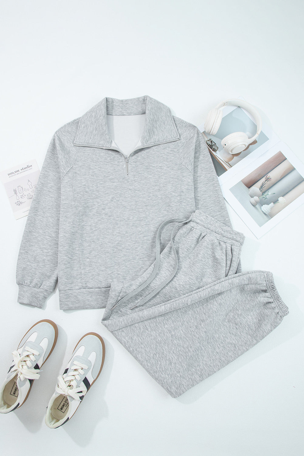 Zip Collar Drawstring Pants Set September.