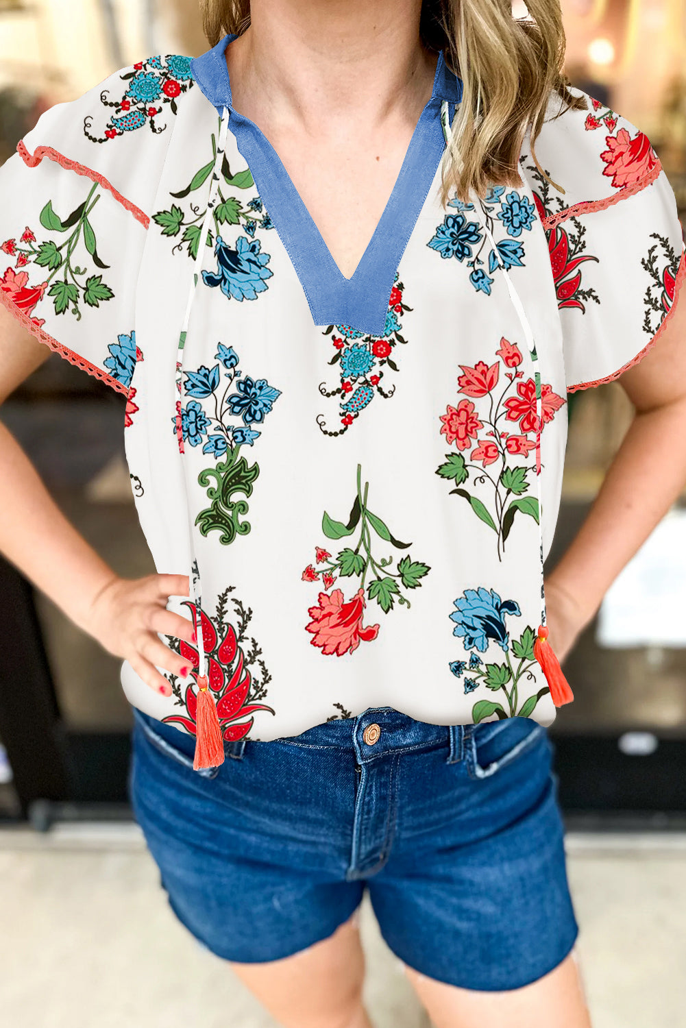 White Floral Contrast Blouse LT