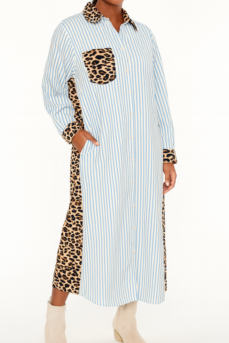 Stripe Leopard Button Dress Slits LT