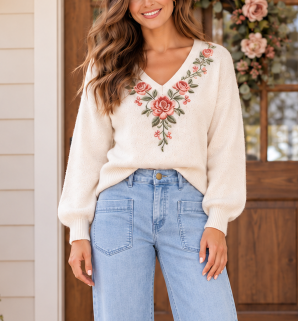 White Floral Embellished Sweater