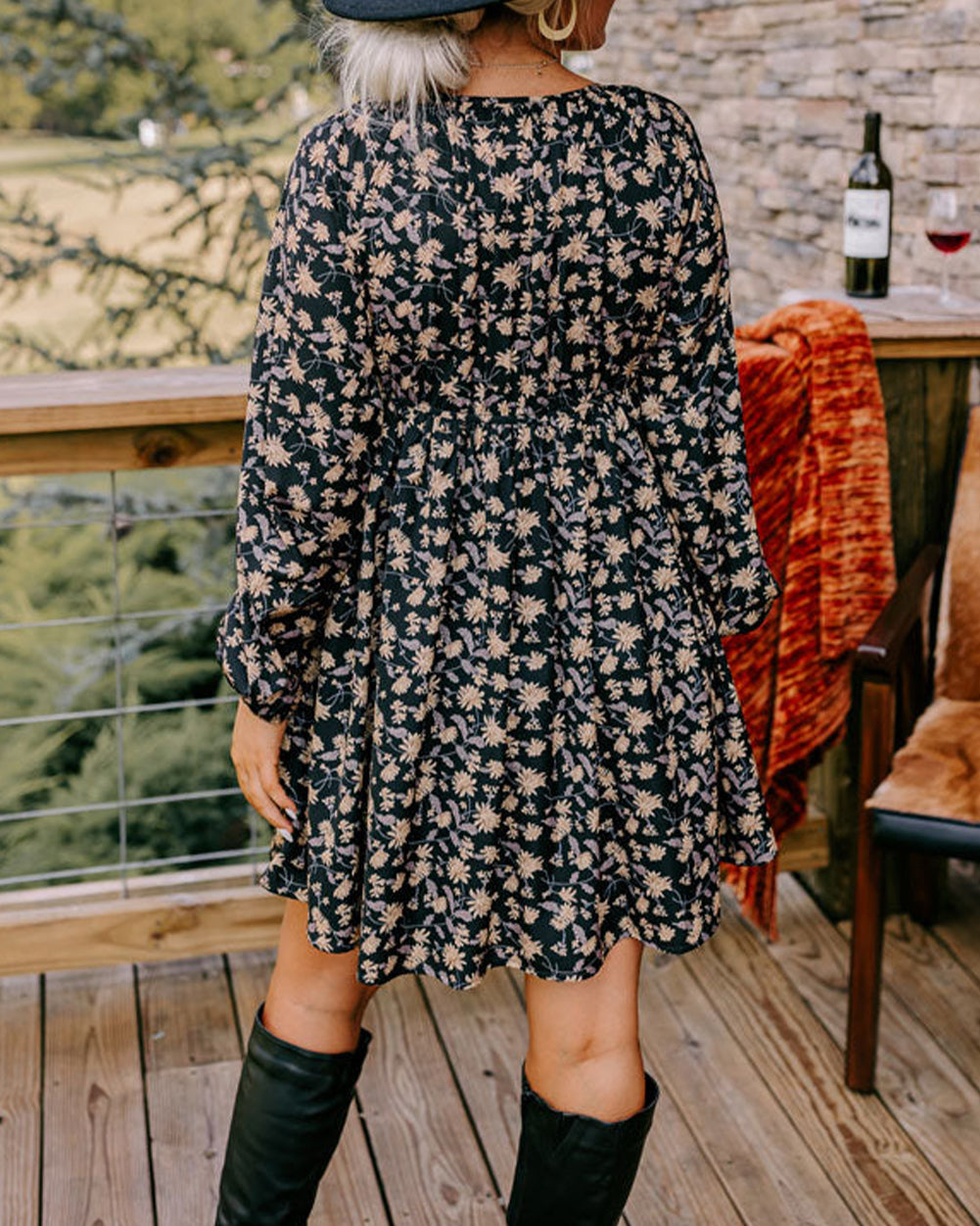 Black Floral Smocked Babydoll Dress LT