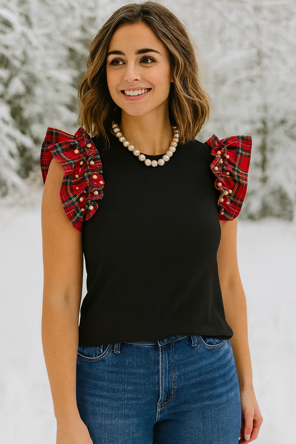 Red Plaid Pearl Ruffle Top September.