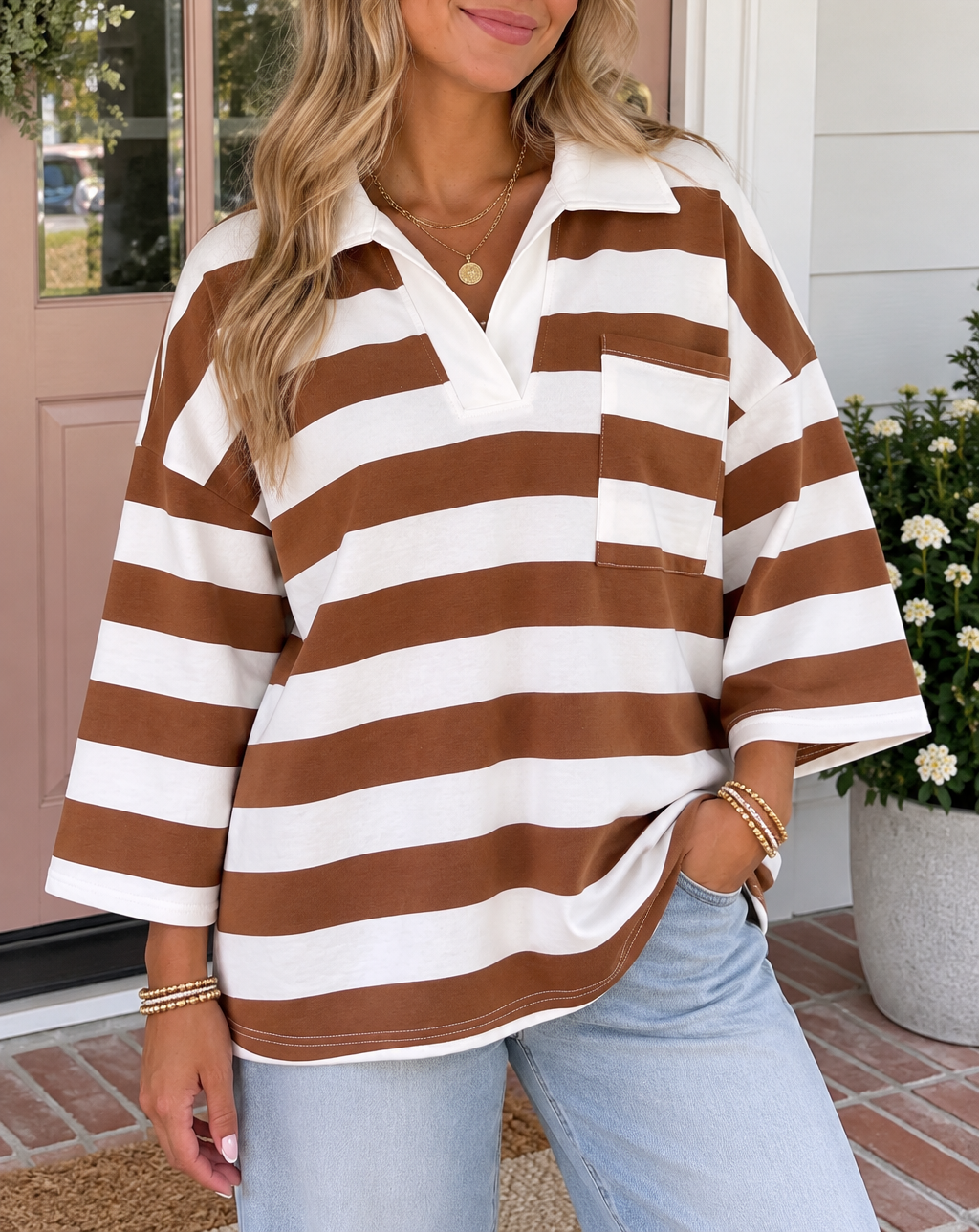 Brown Stripe Oversize Casual Top