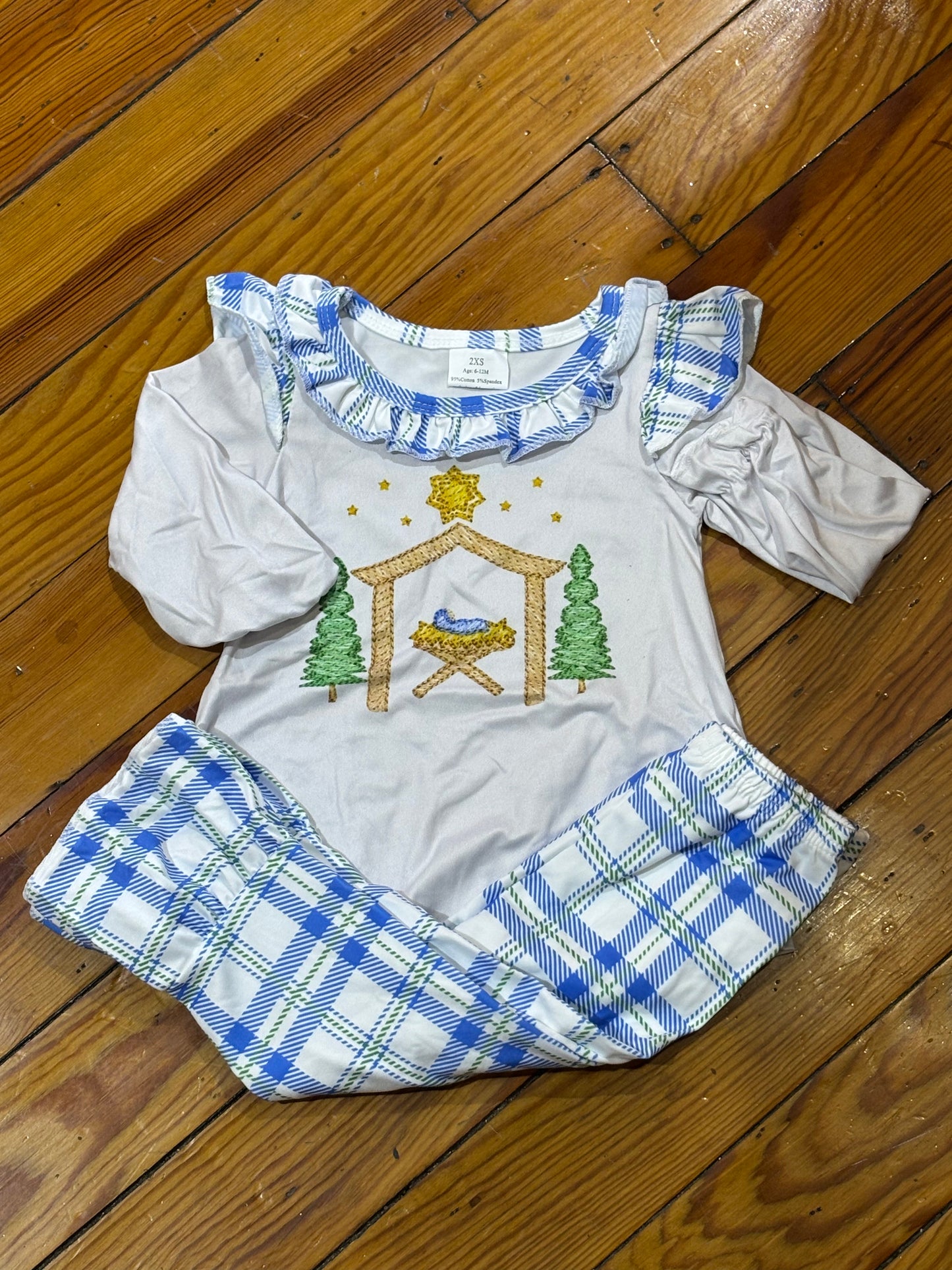 Nativity Tunic with Blue Plaid Ruffle Pants