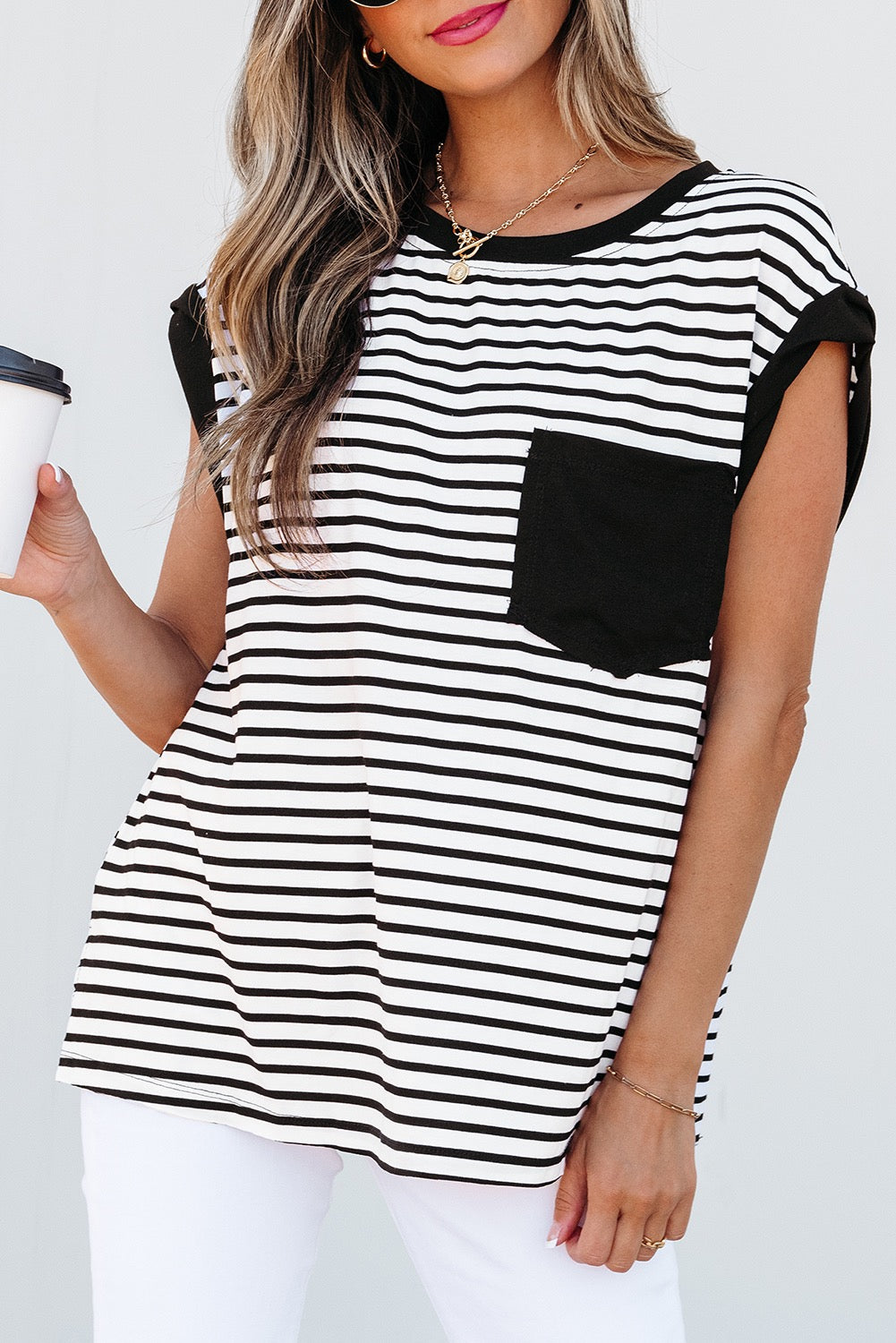 Black Striped Pocket Tank LT