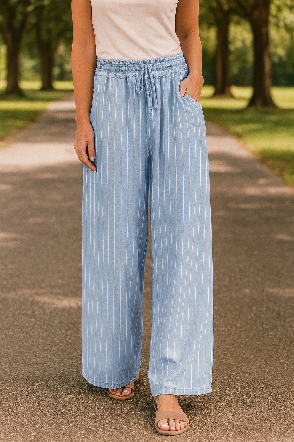 Blue Stripe Chambray Elastic Pants September.