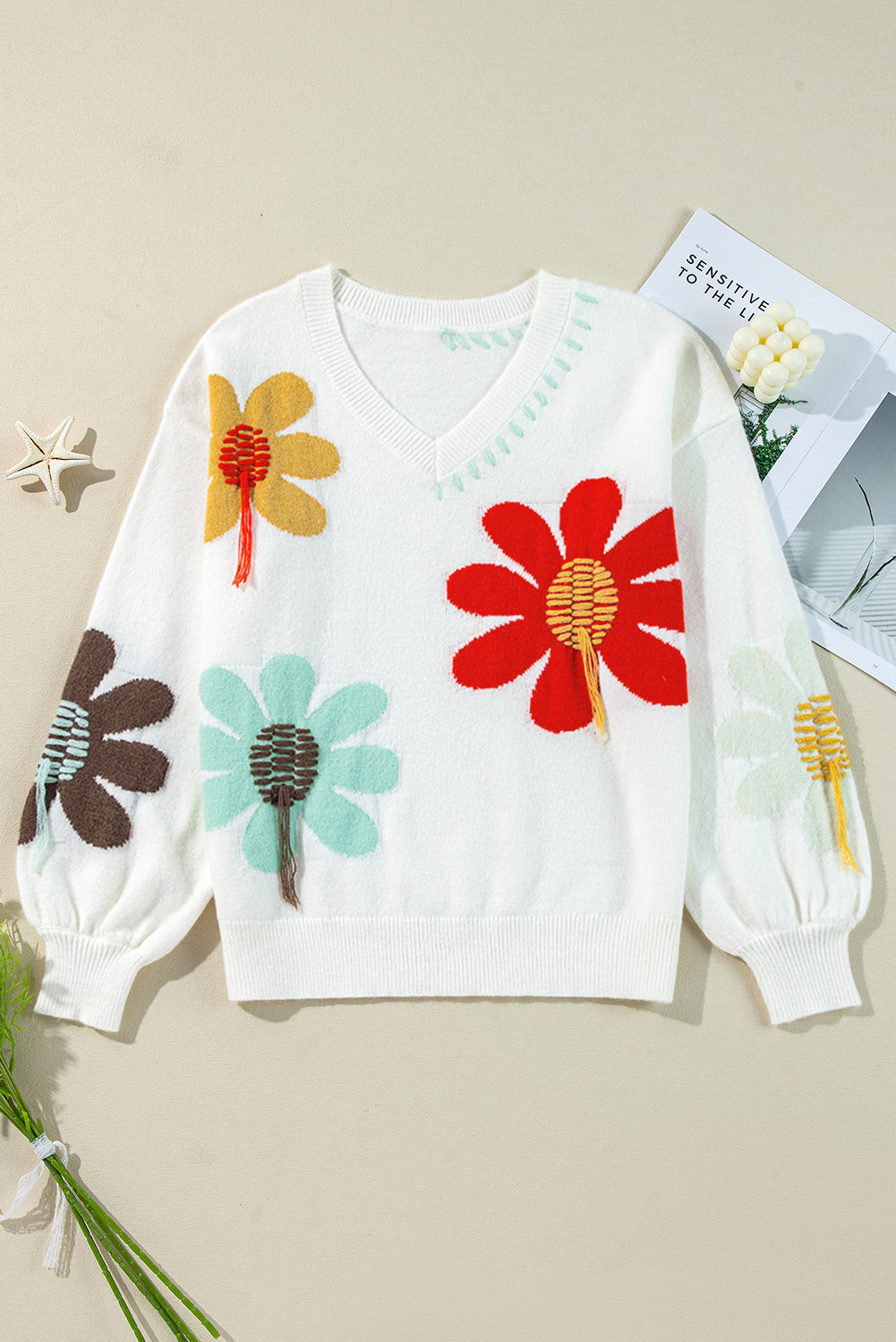 Big Flower Pattern V Neck Sweater *multiple colors* RTS