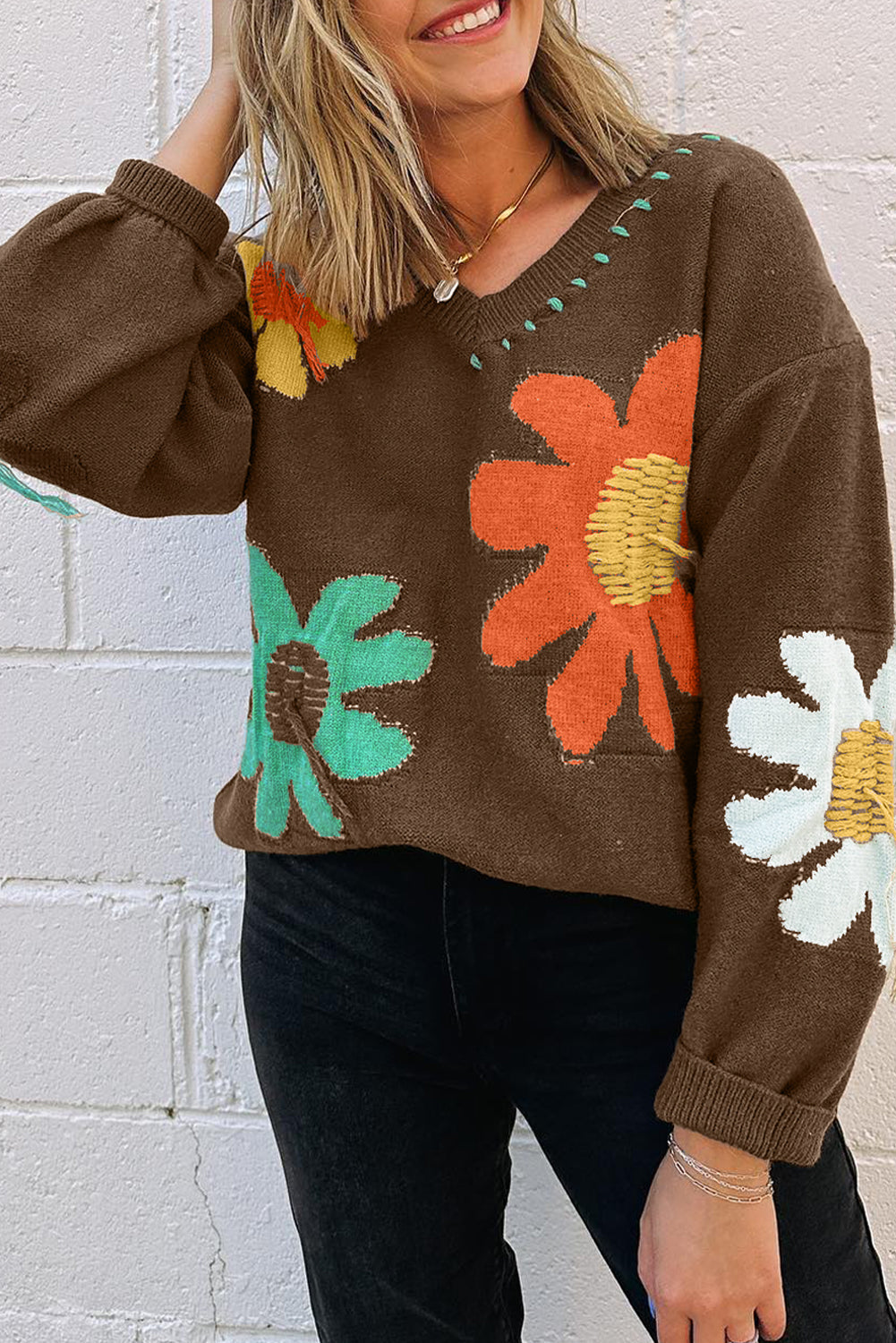 Big Flower Pattern V Neck Sweater *multiple colors* RTS