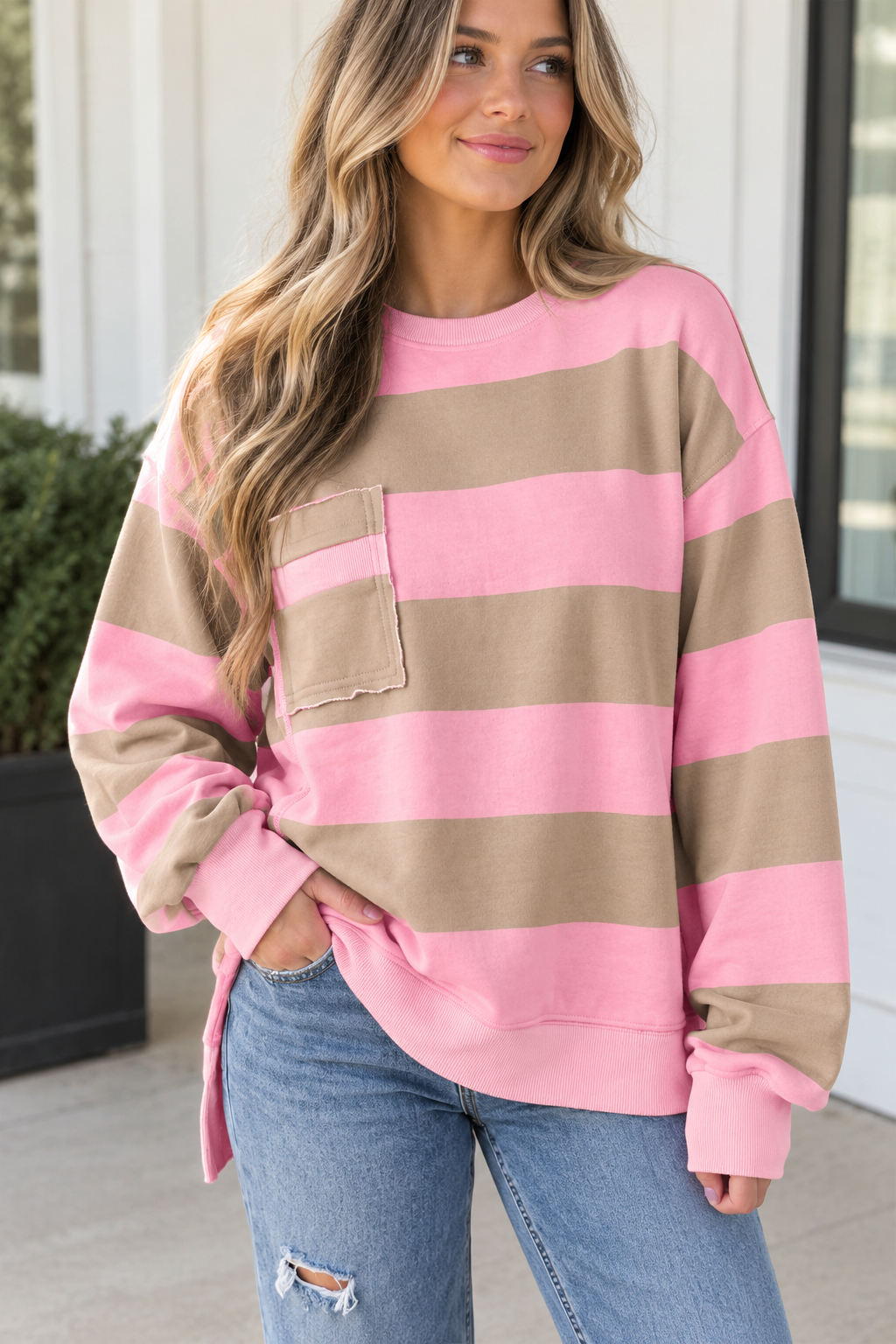 Pink Stripe Patch Pocket Sweatshirt