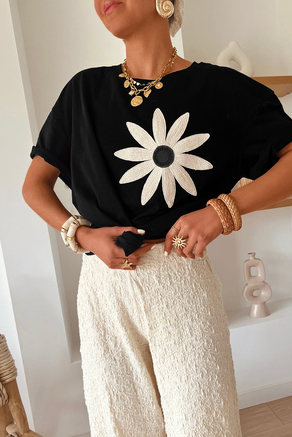 Oatmeal Floral Loose Top RTS