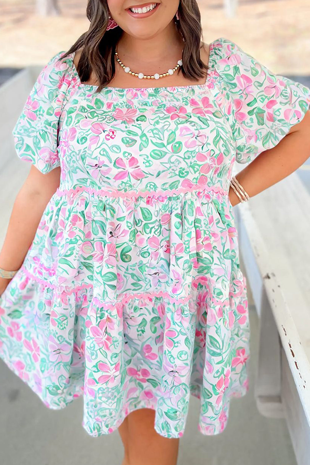 White Floral Ric Rac Trim Plus Size Dress RTS
