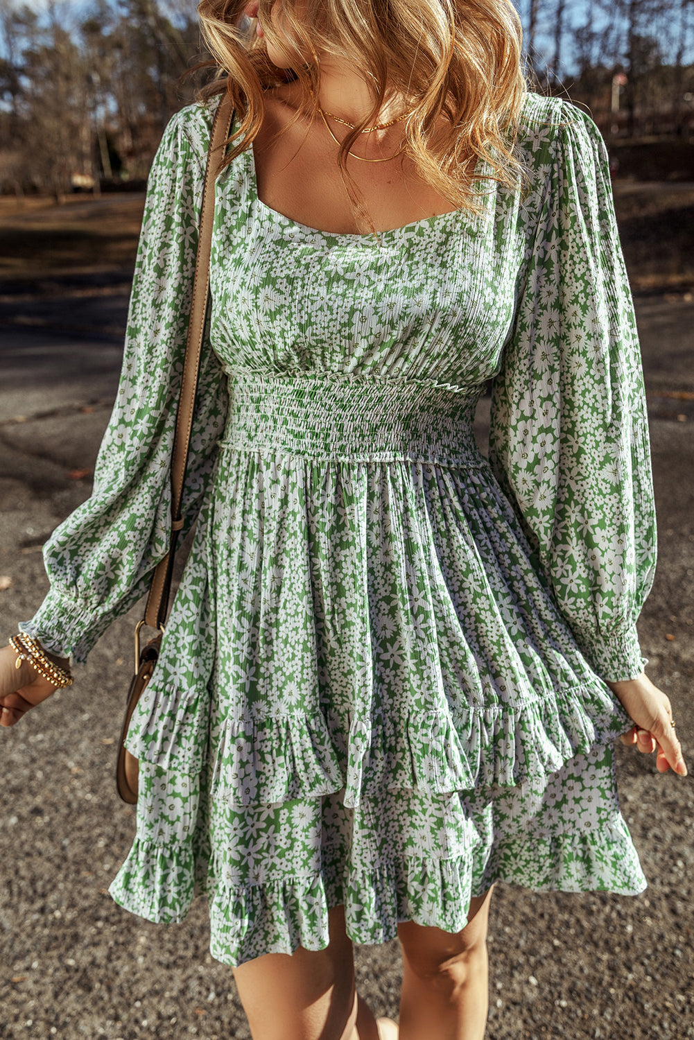 Green Floral Shirred Dress LT