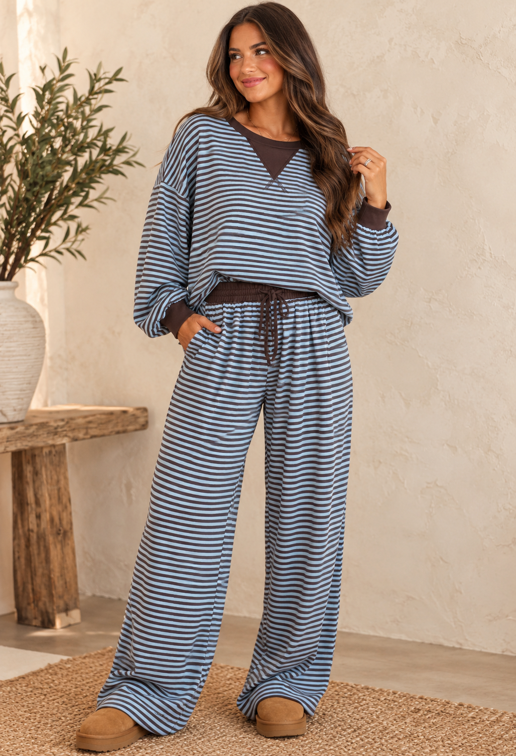 Brown Stripe Two Piece Set