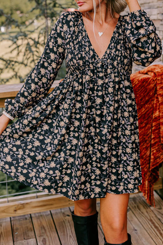 Black Floral Smocked Babydoll Dress LT