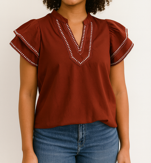 Contrast Trim V Neck Blouse LT