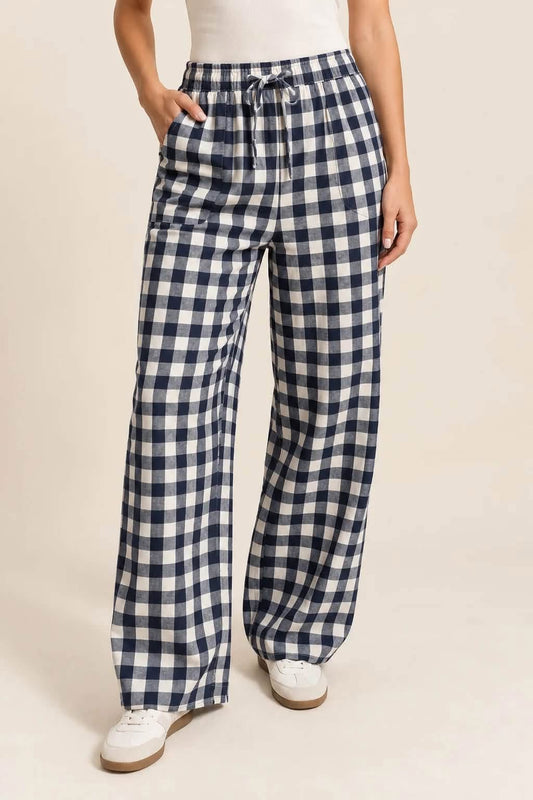 Blue Gingham Tie Waist Pants