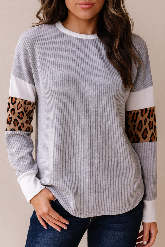 Gray Leopard Ribbed Knit Top LT