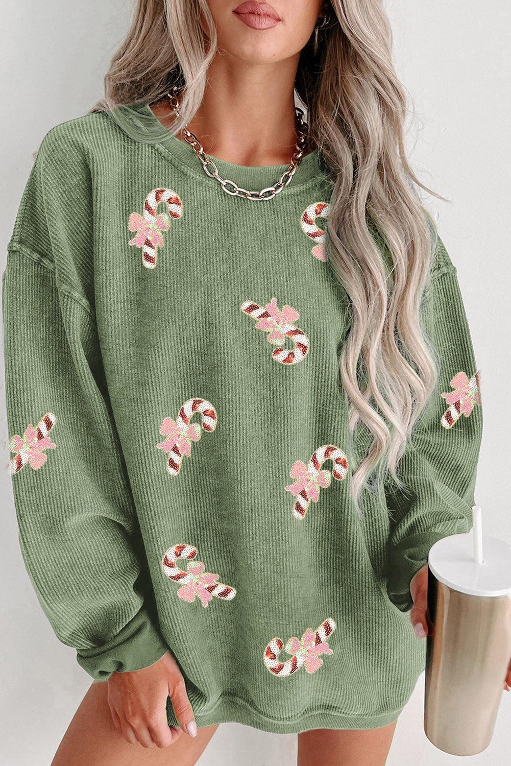 Green Candy Cane Sequin Ribbed Sweatshirt RTS