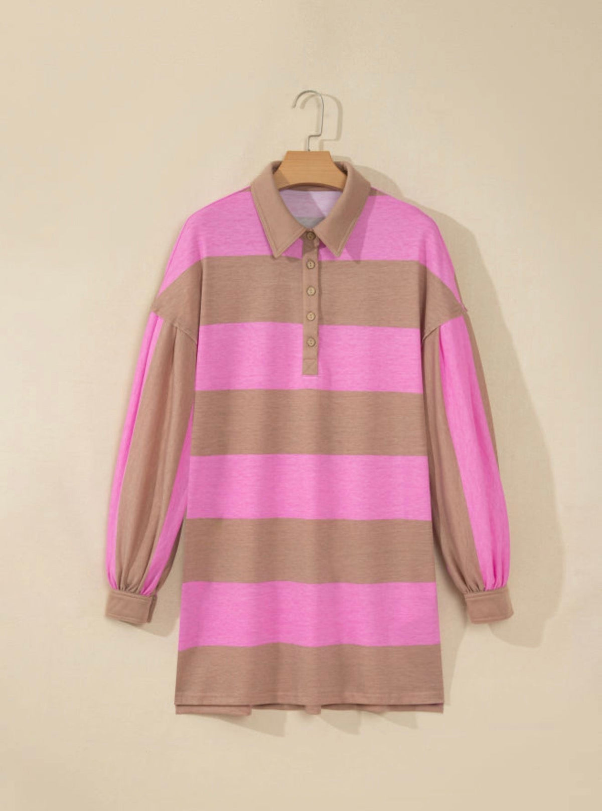 Rose Stripe Button Long Sleeve Dress