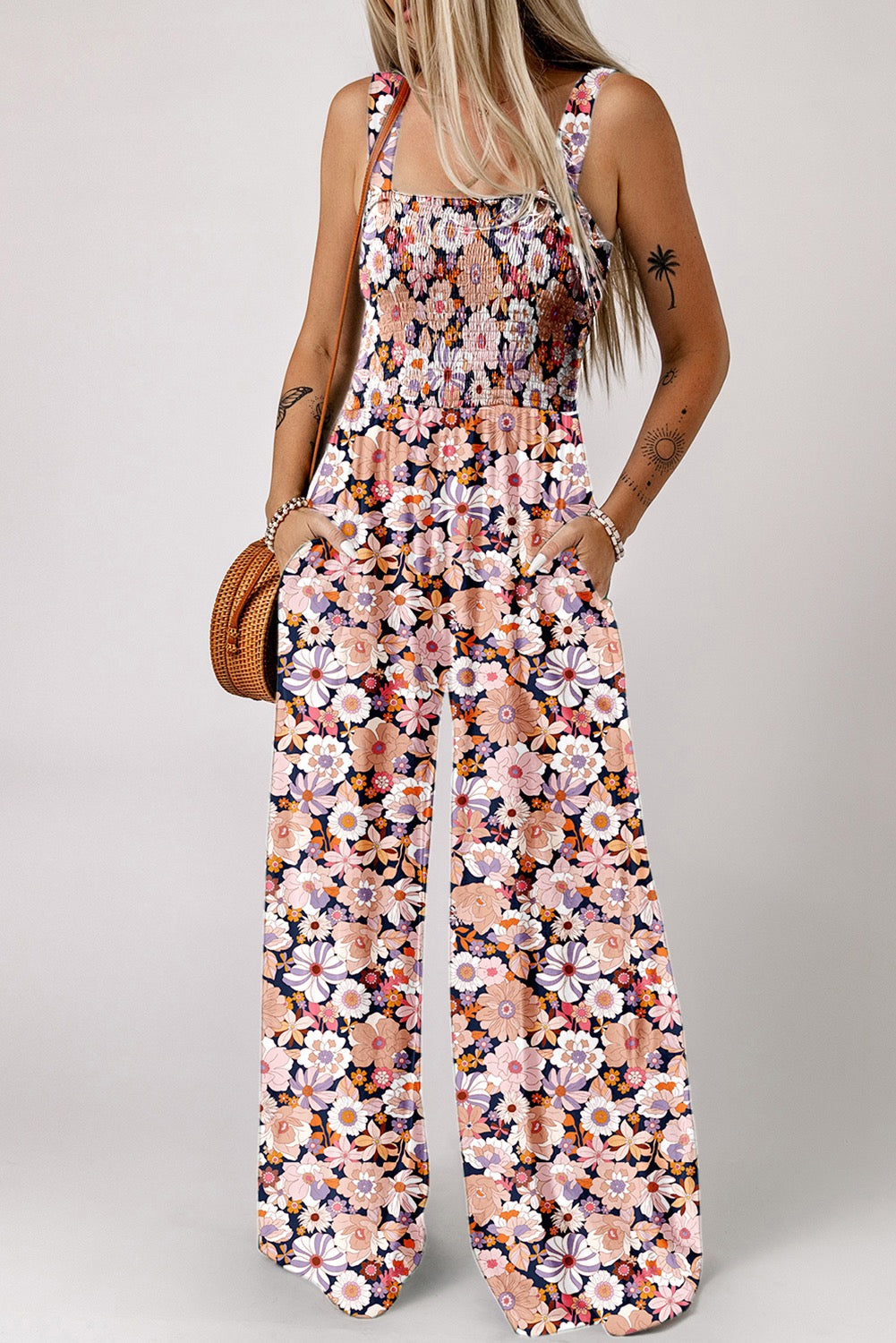Black Floral Print Smocked Jumpsuit LT
