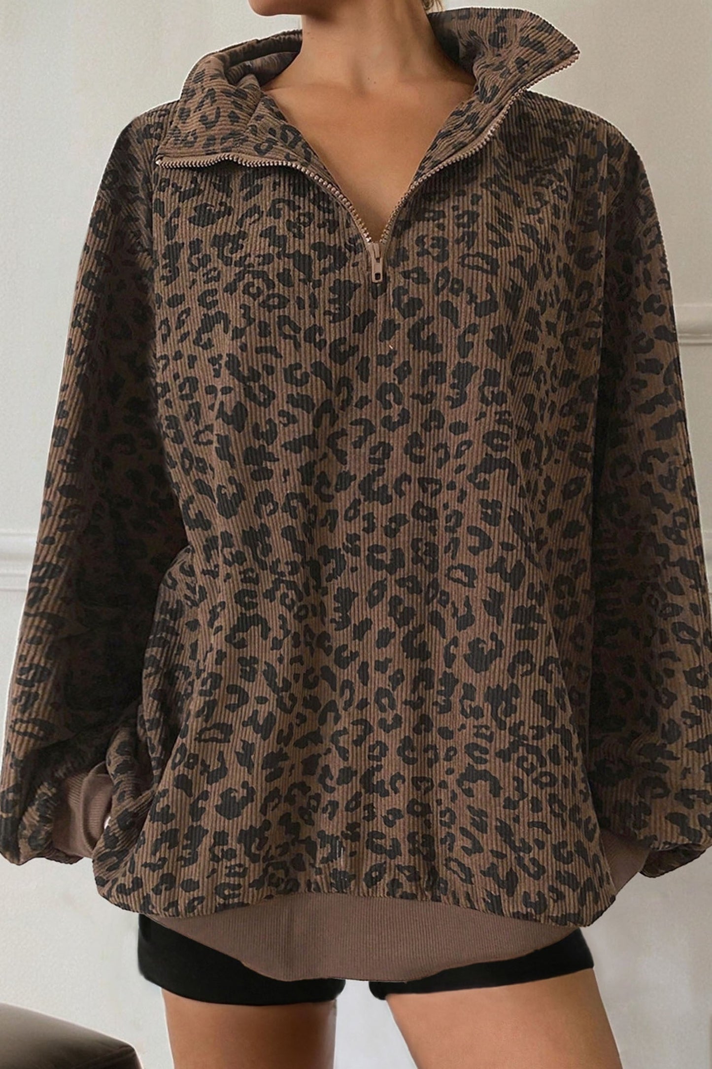 Leopard Corduroy Half Zip Pullover LT