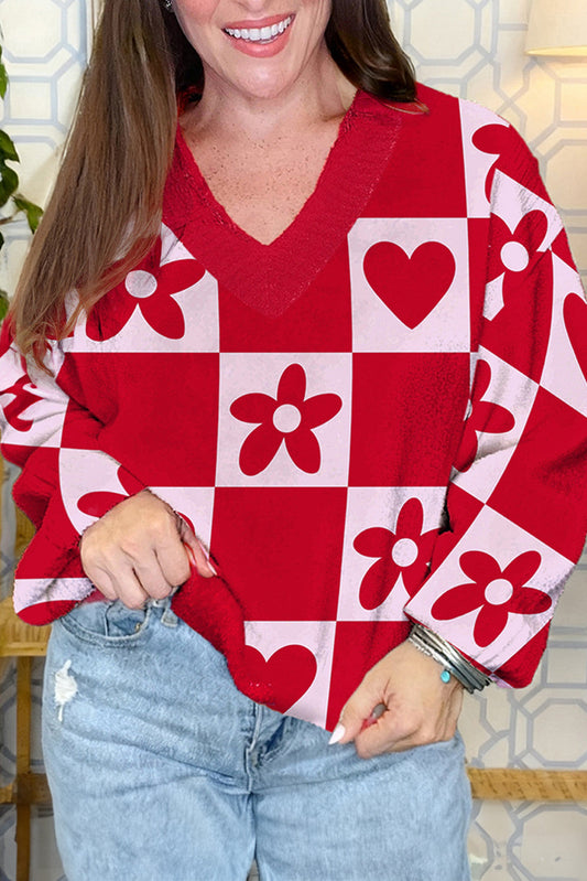 Red Flower Heart Checkered Sweater LT