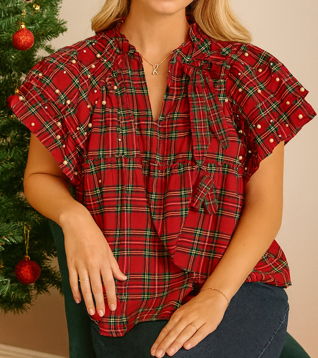 Red Plaid Pearl Blouse RTS