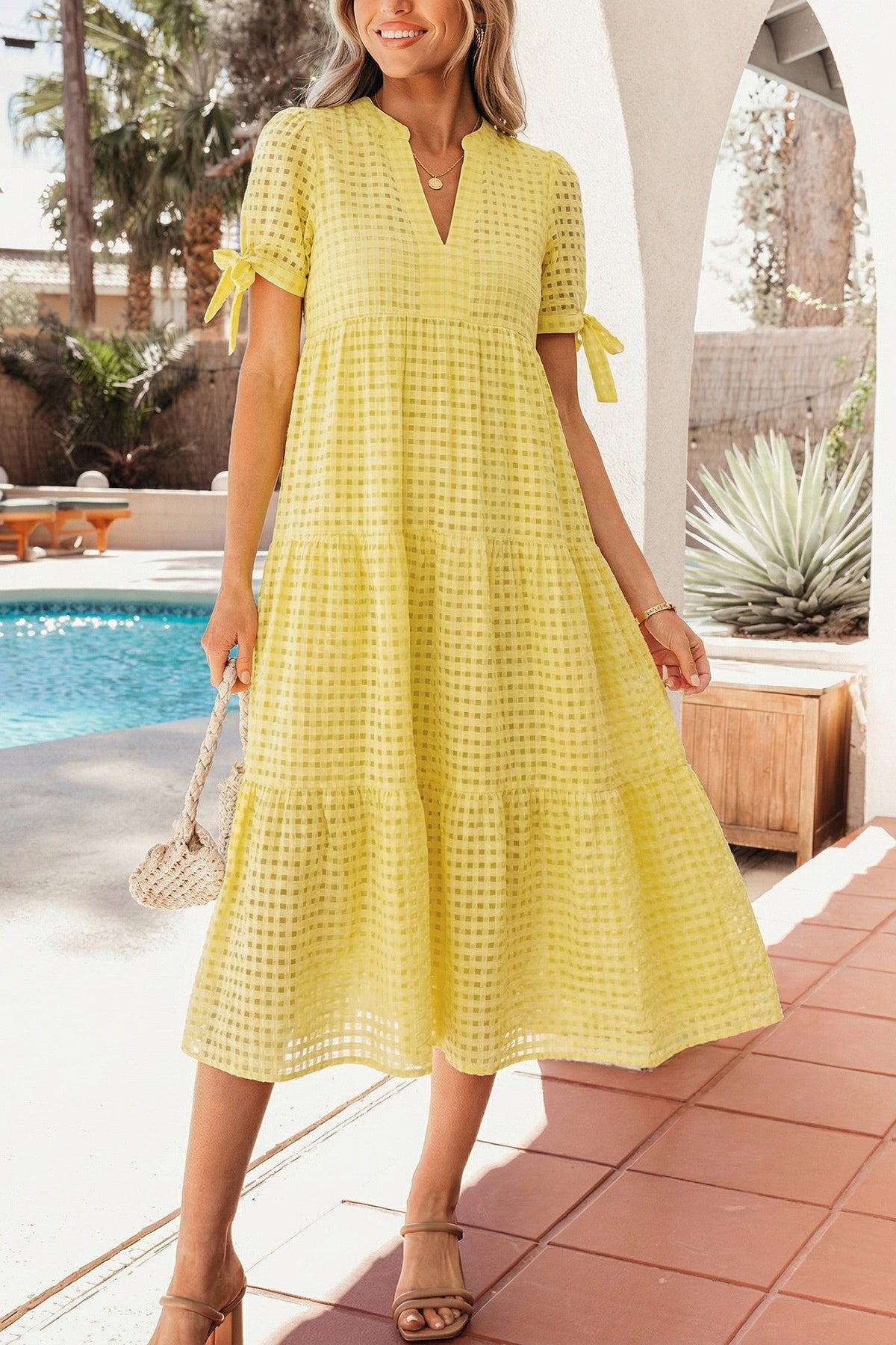Yellow Gingham Textured Dress