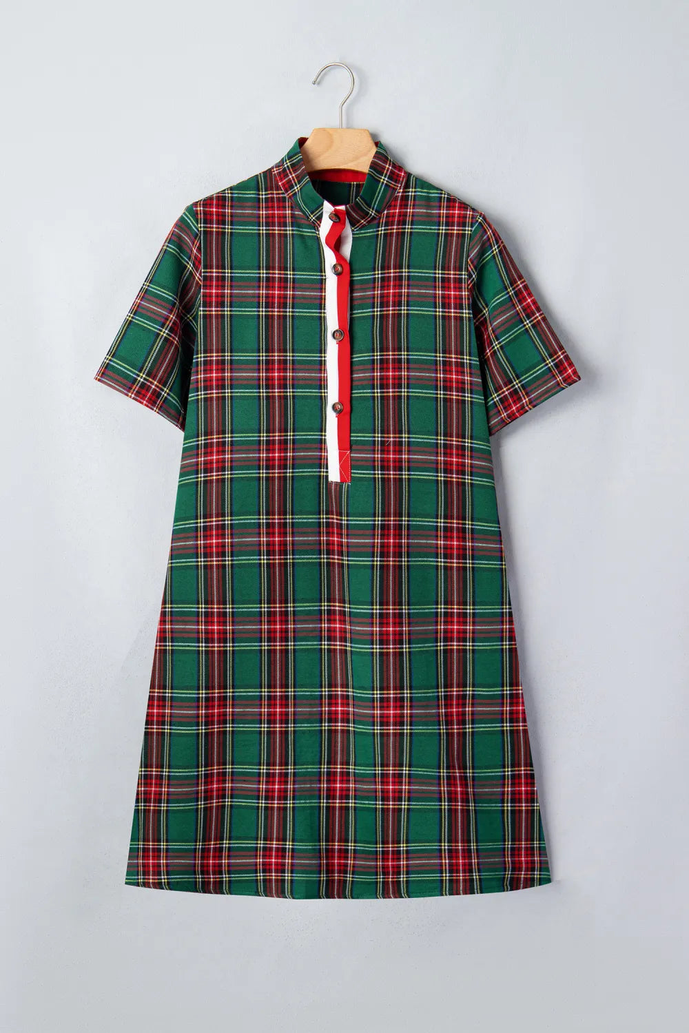 Green Plaid Button Short Sleeve Dress